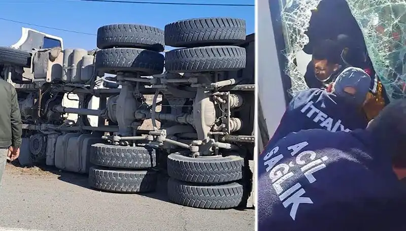 Virajı Alamayan Kamyon Sayesinde Yol Kapatıldı, Sürücü Neyse ki Kurtarıldı!